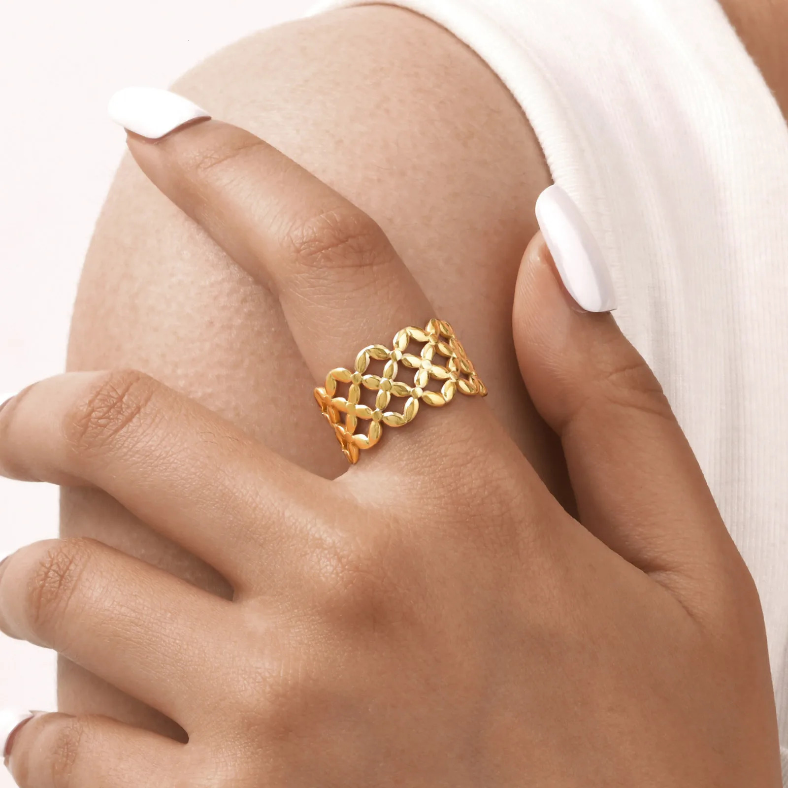 Womens hollow open adjustable flower wreath stainless steel thick wide thumb ring 250418 250418