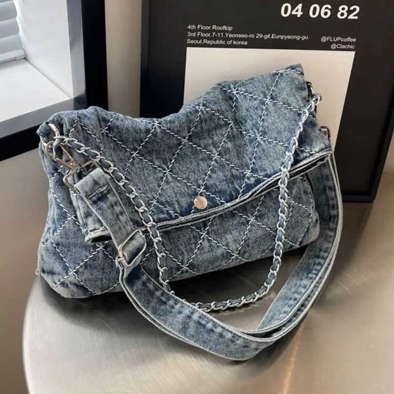 Wed Denim Tote Bag Wen Diamd Chain Harajuku Shoder Bag Ladies Stihing Large Capacity Casual Daily Underarm Bags Y251121