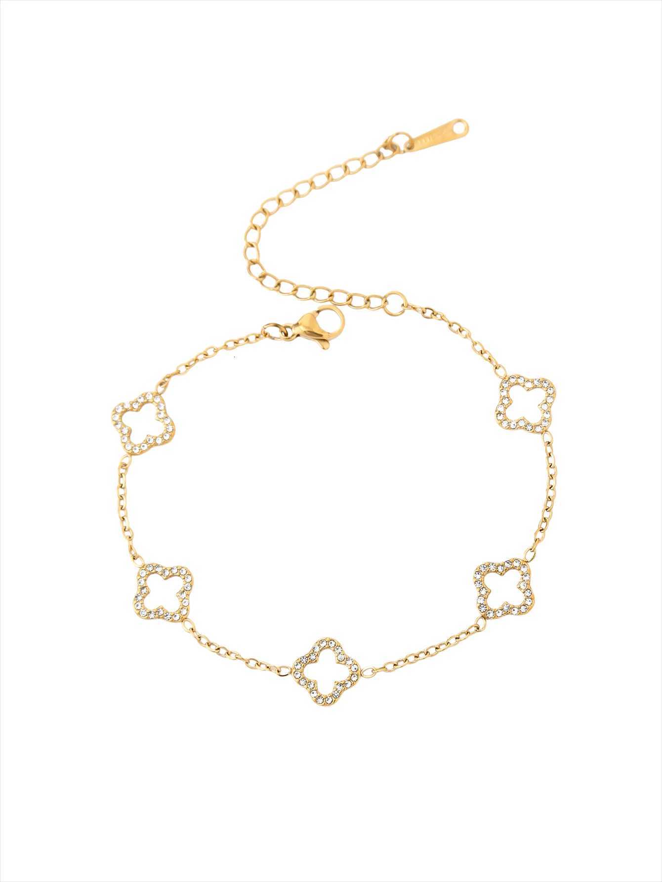 Elegant Temperament Delicate StainlESS Steel With Diamond four-leaf cLOVEr Small Waist Hollow Bracelet FemaleW251121