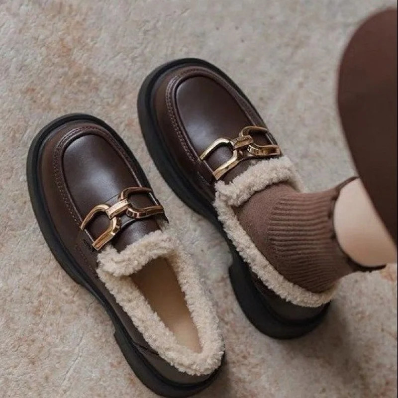 Womens Fur Lined Loafers Chunky Platform Winter Shoes Horsebit Slip On Comfortable Flats 251121