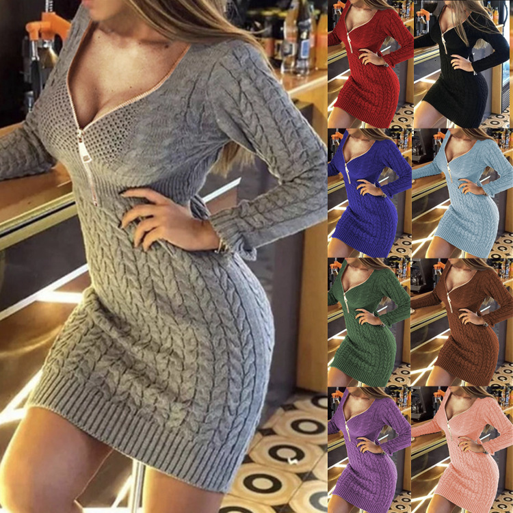 2025 Autumn Winter New Knitted Sweater Mid-Length Half-Zip V-Neck Slimming Sweater Dress 210513