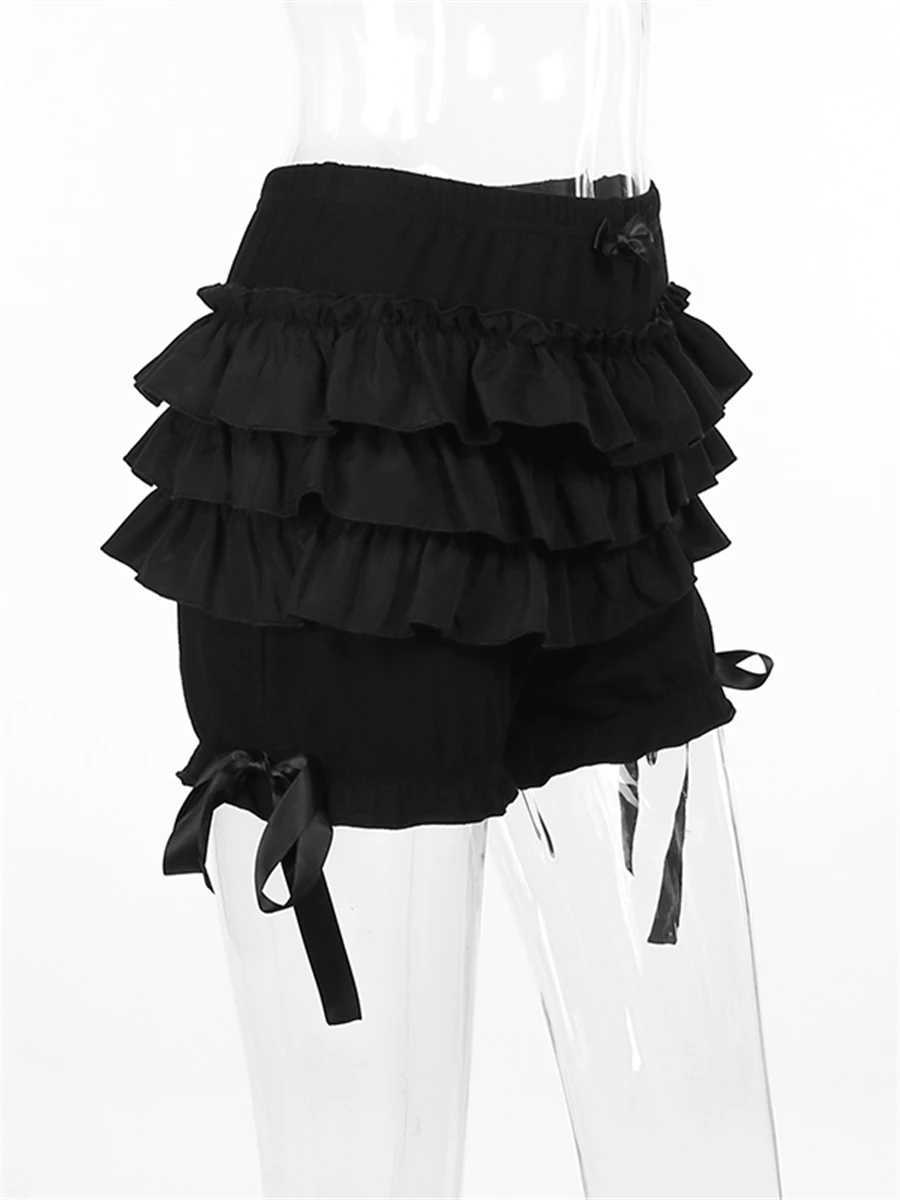 WSEVYPO Gothic Black Brumer Shorts Womens Summer Elastic Waist Ruffle Layered Shorts Harajuku Street Clothing High Waist Bottom M250421