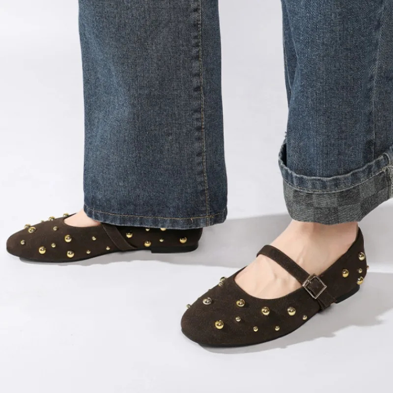 Summer Mary Jane Shoes for Women Fashion Rivet Suede Classic Retro Brown Casual Soft Bottom Comfortable Ladies Flats 251121