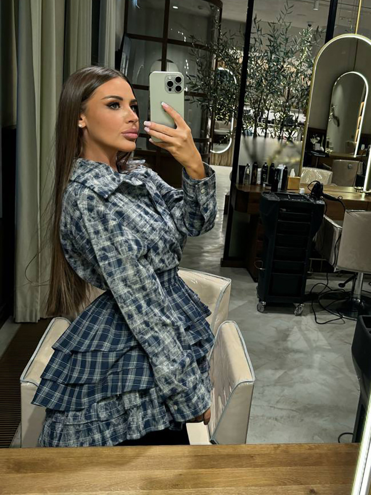 American ins style gradient plaid suit, short skirt with high-end feel, polo collar clothes, cake skirt, two-piece set for women