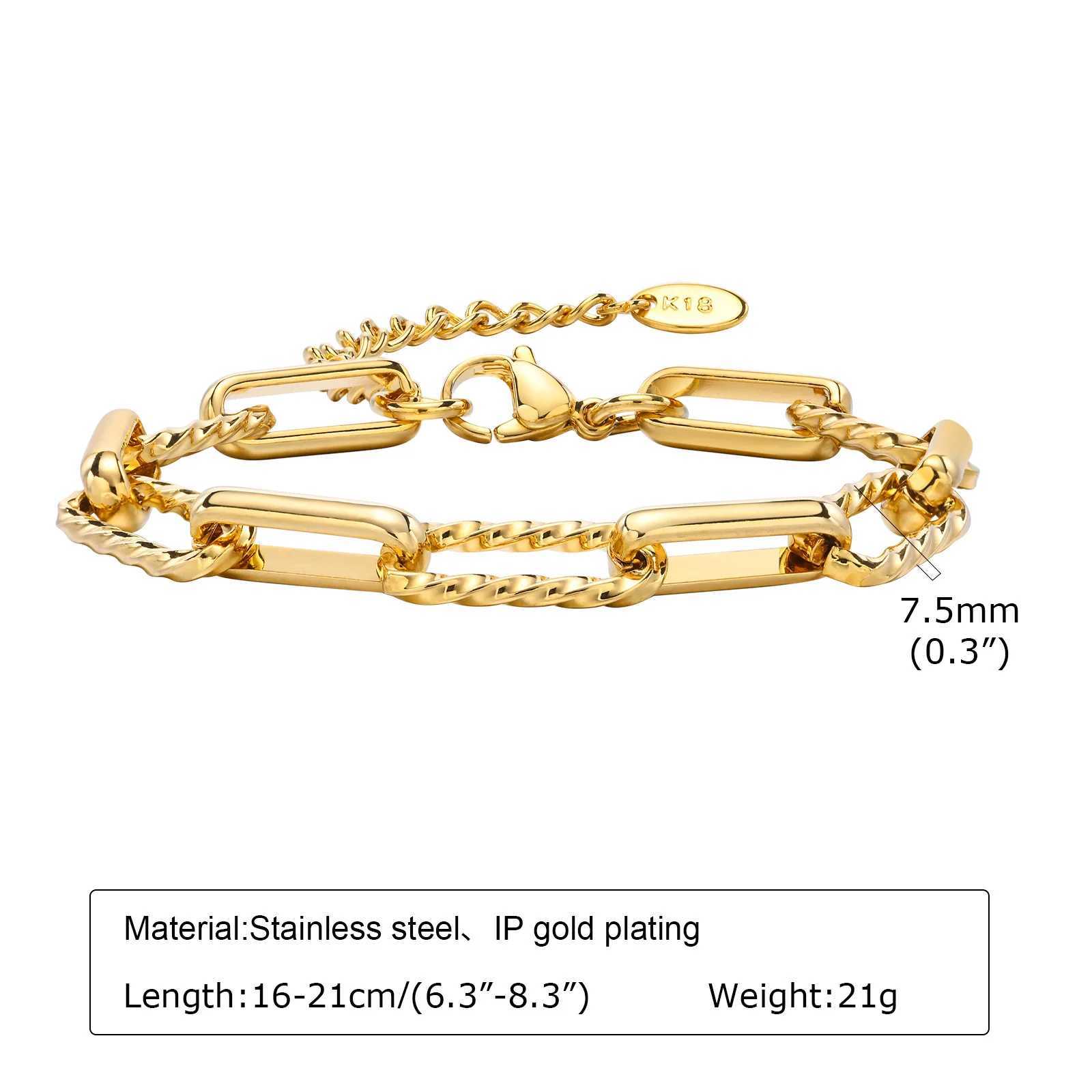 Womens stainless steel chain bracelet 18K gold-plated twisted paper clip adjustable link bracelet bulky stackable laminated jewelry Y250420