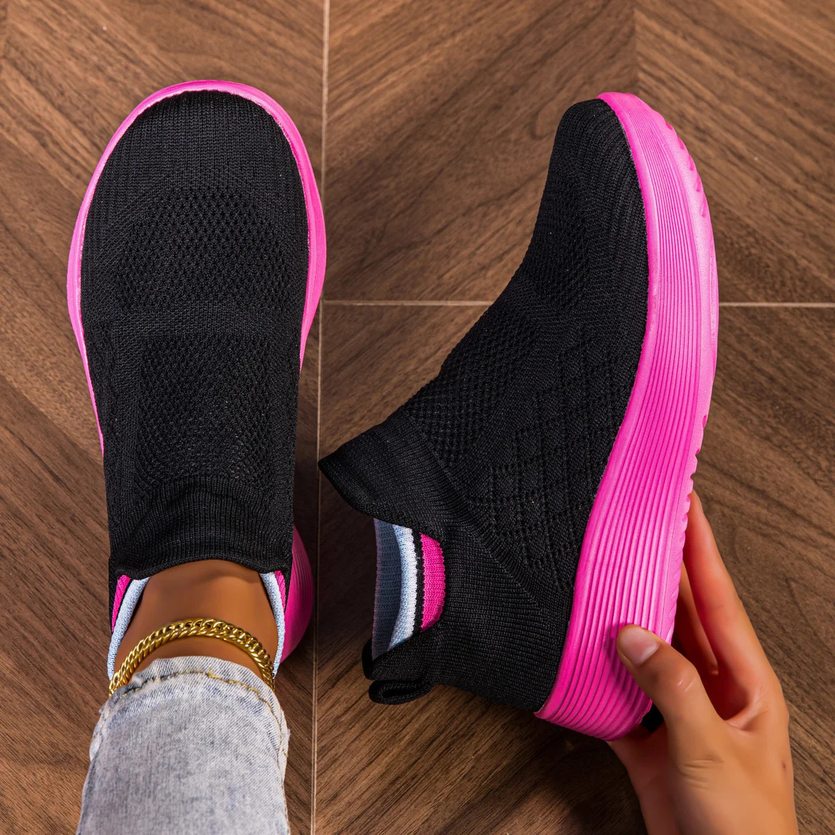 Womens Casual Sneakers Shoes Fashion Fly Knitting Breathable Mesh Elevator Slip On Unsiex Loafers Large Size 251121