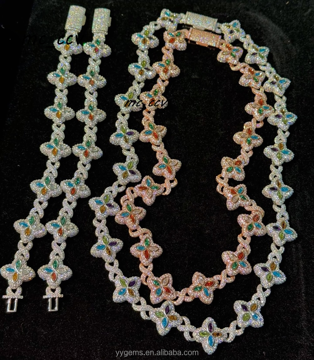 Custom Marquise Cut Fancy Colors Moissanite Real Gold Plated S925 Silver Cuban Link Chain Necklace Hip Hop Jewelry