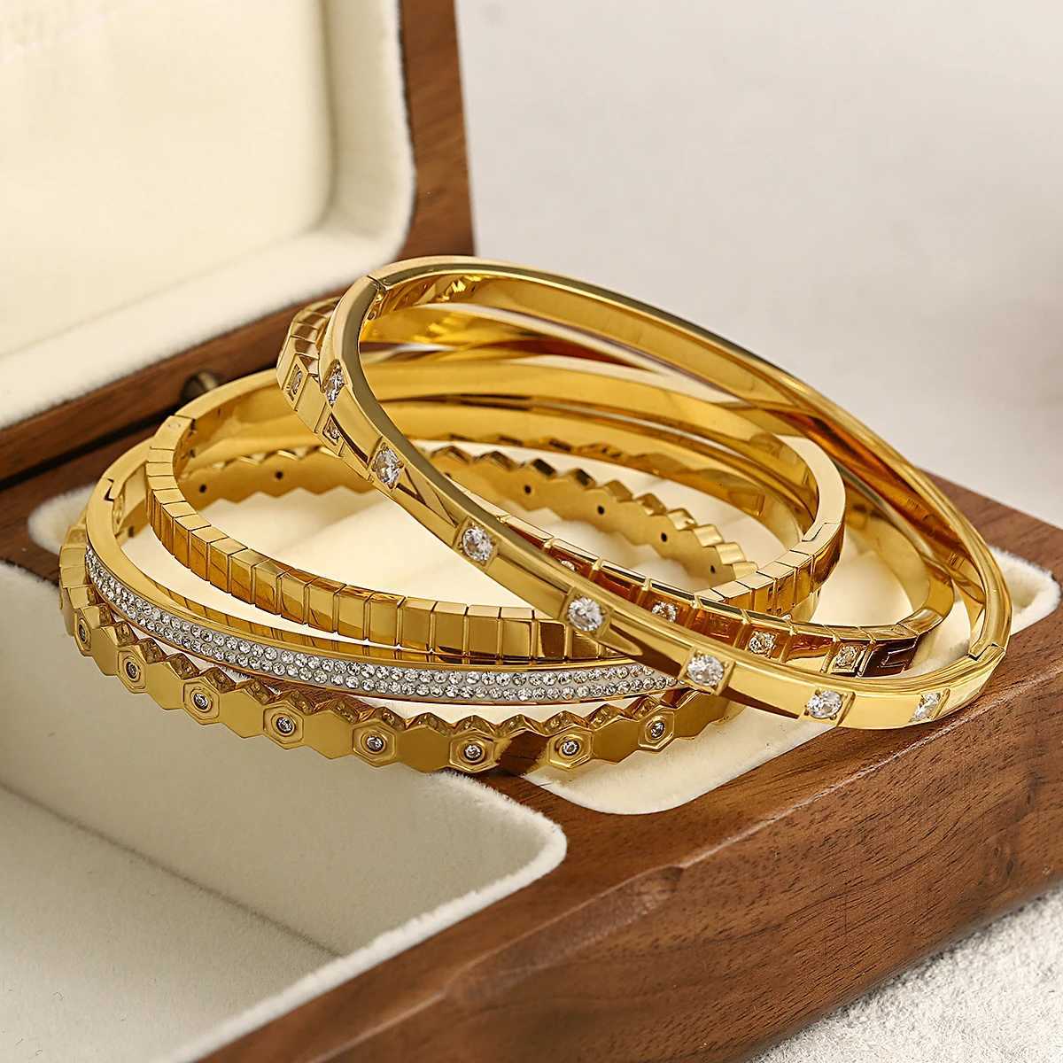 FLASHBUY Trendy Chic Gold Color Simple 316L Stainless Steel Bangles Bracelets for Women Charm Zircon Waterproof Jewelry GiftW251121