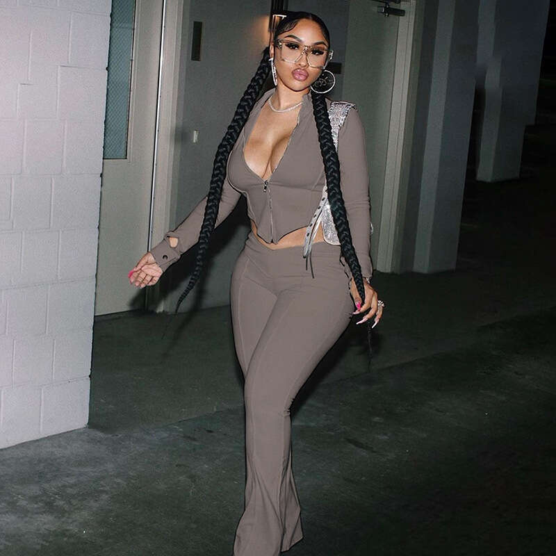 hoodie Women's Wear Winter New Women's Casual Sports Half High Collar Zipper Solid Color Slimming Top Bellbottom Pants Set jacket