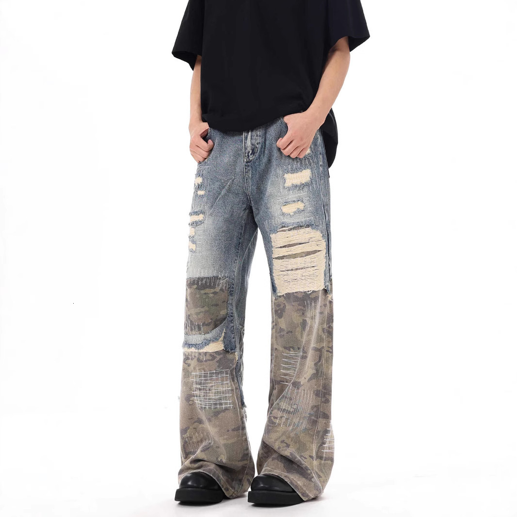 Streetwear Men Leopard Trend Print Harajuku Flared Jean Vintage Distressed Patchwork Letter Y2K Punk Aesthetic Wide Denim Pants 251008