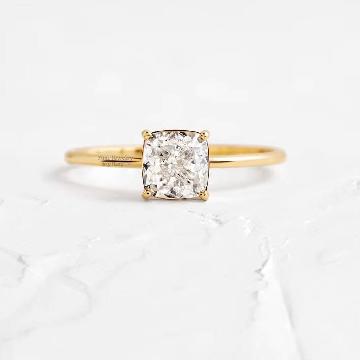 Fine Jewelry 14K Yellow Gold Plated Cushion Cut VVS Moissanite Wedding Ring 925 Sterling Silver 1Ct Moissanite Engagement Ring