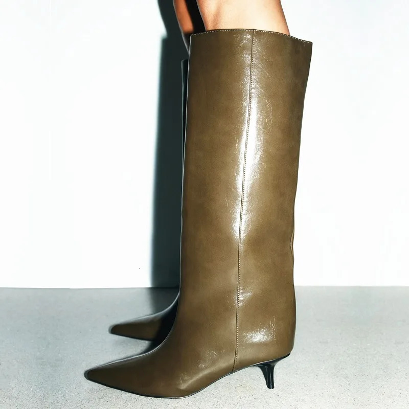 Winter Khaki Green Womens Knee High Boots y ner Leather Pointed Toe Kitten Heels Boot Stylish Knight Women 251121