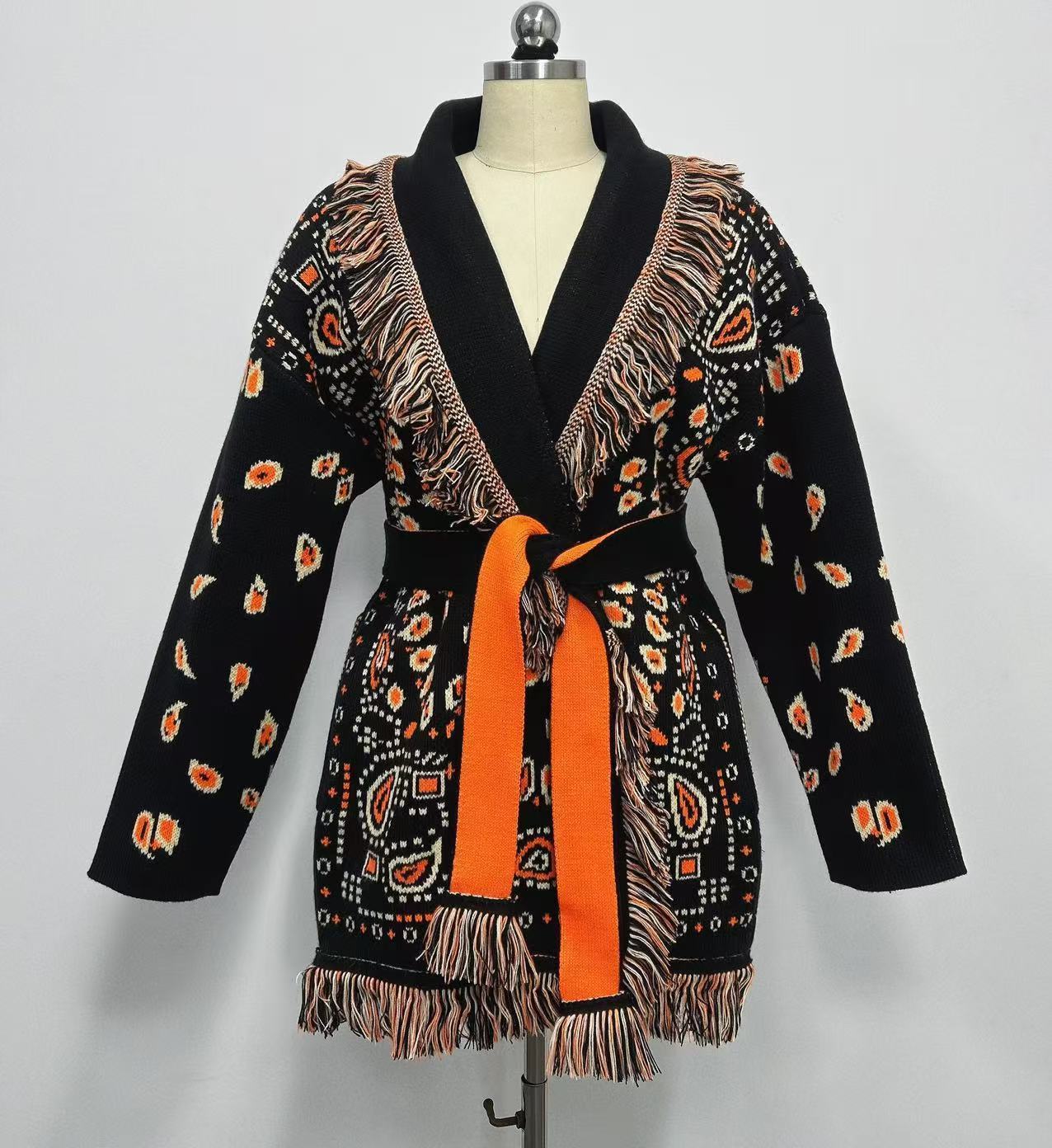 Autumn and winter thick tassel jacquard mid length cardigan womens loose color blocked lapel sweater jacket 230823Z