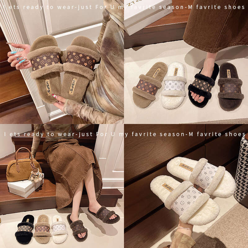 Fashion Designer Slippers for Women Ladies Anti slip Slides Winter Fleece Lined Indoor Home Use One-Strap Warm Cotton Slippers