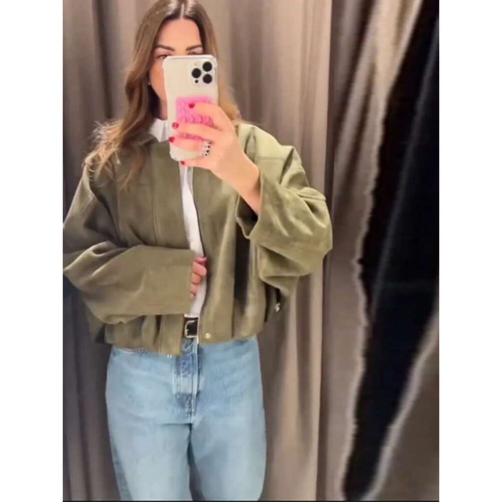 Designer Clothing Clothing Brown Green Suede Jacket Women Lapel Zipper Long Sleeve Pockets Bomber Coat 2025 Spring Autumn Lady Loose Motorcycle Outwea