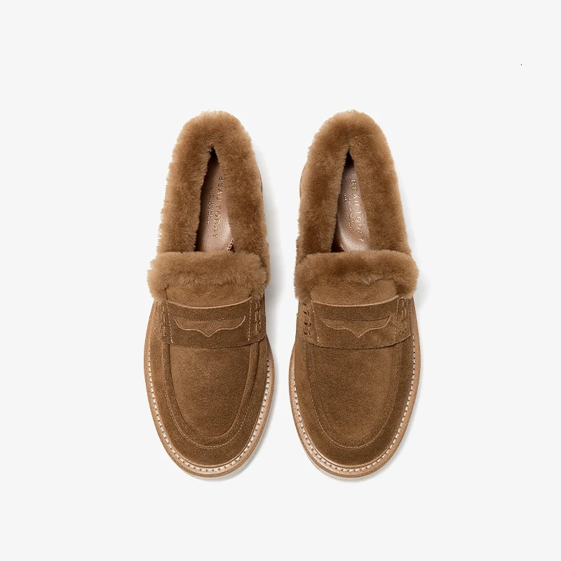 BEAUTODAY Winter Fur Shoes Women Cow Suede Leather Round Toe Penny Loafers Slipon Flats Casual Ladies Handmade 27862 251121