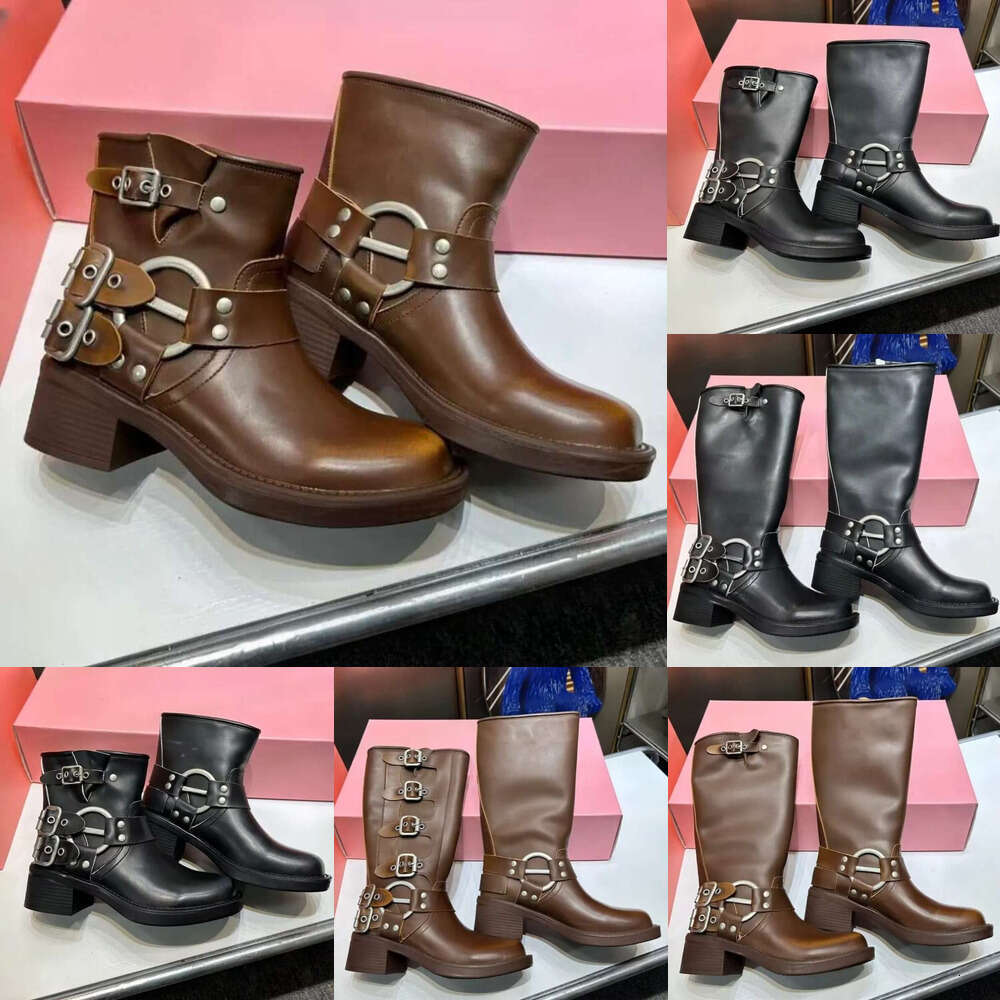 luxury Designer womens FW square toe brown calfskin Knight Boots Short Half High with Metal Buckle Vintage Style Winter Thick Heeled Westem Ankle moto boot women shoe