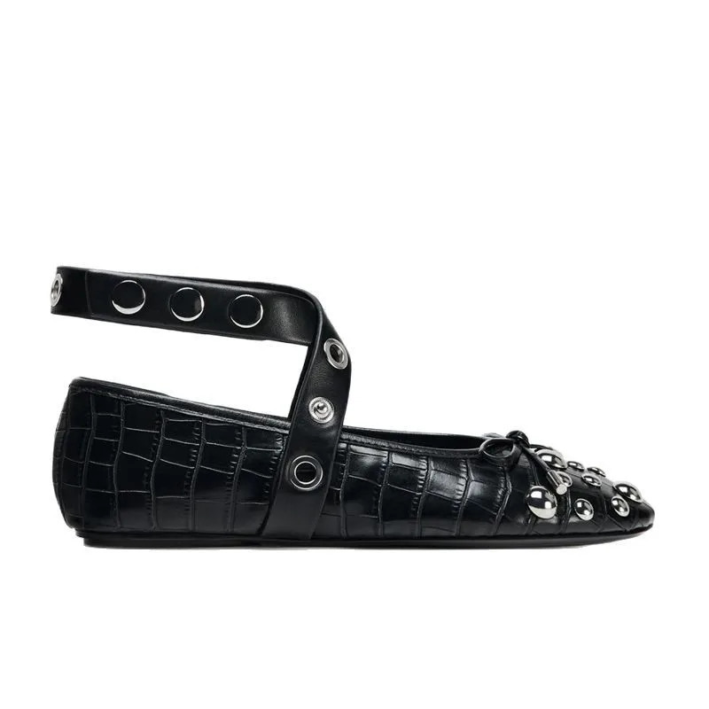Fashion Rivet Bow Decoration Ballet Flats Women Punk Style Soft Leather Strap Mary Jane Shoes for Cozy Dance Casual 251121
