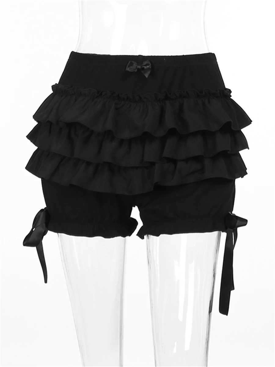 WSEVYPO Gothic Black Brumer Shorts Womens Summer Elastic Waist Ruffle Layered Shorts Harajuku Street Clothing High Waist Bottom M250421