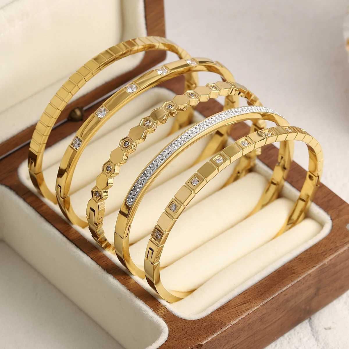 FLASHBUY Trendy Chic Gold Color Simple 316L Stainless Steel Bangles Bracelets for Women Charm Zircon Waterproof Jewelry GiftW251121