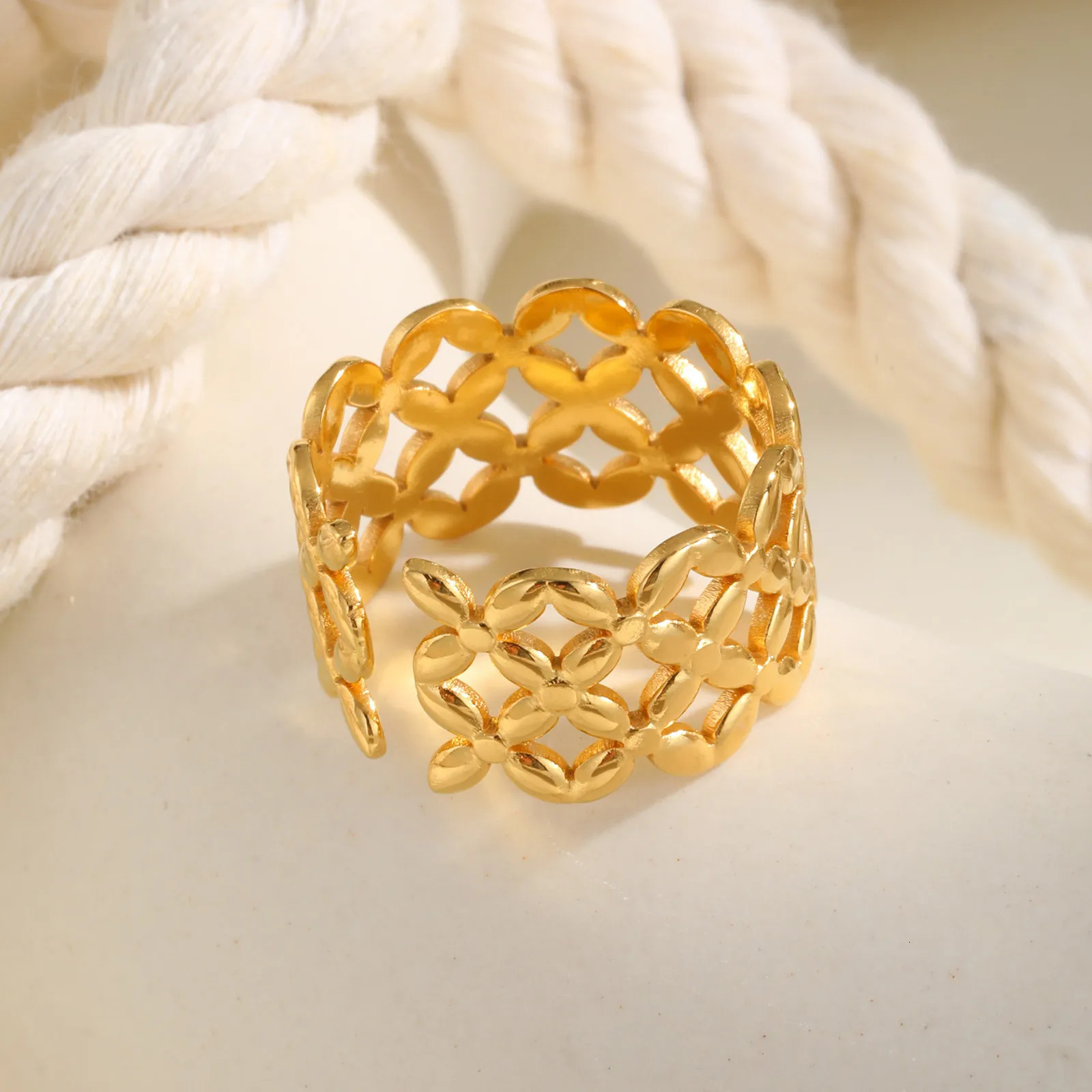 Womens hollow open adjustable flower wreath stainless steel thick wide thumb ring 250418 250418