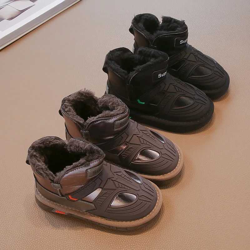 Boys Snow Boots Winter New Khaki Padded Thickened Warm Kids Cotton Shoes Black Leather Non-slip Childrens Big Cotton BootsW251121