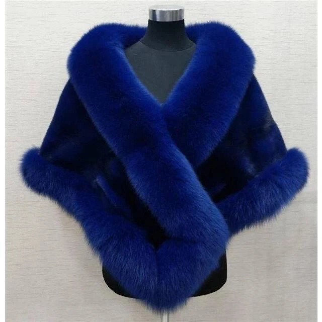 Autumn and Winter Mink Fur Fox Fur Cape Versatile Cape Fur Coat Lady Fashion Party Blue 251112
