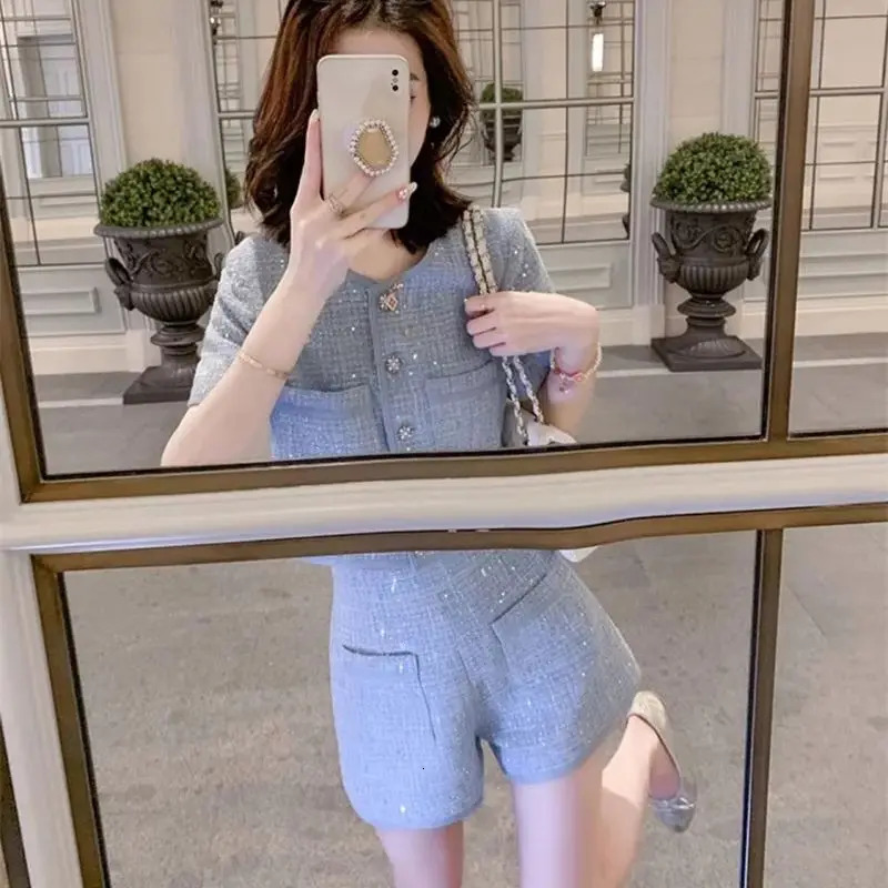 BAFU Summer Small Fragrance Tweed Outfit Elegant Two-Piece Set Women Single-Breast TopPocket Shorts Sequin Party Suit 103P 251114