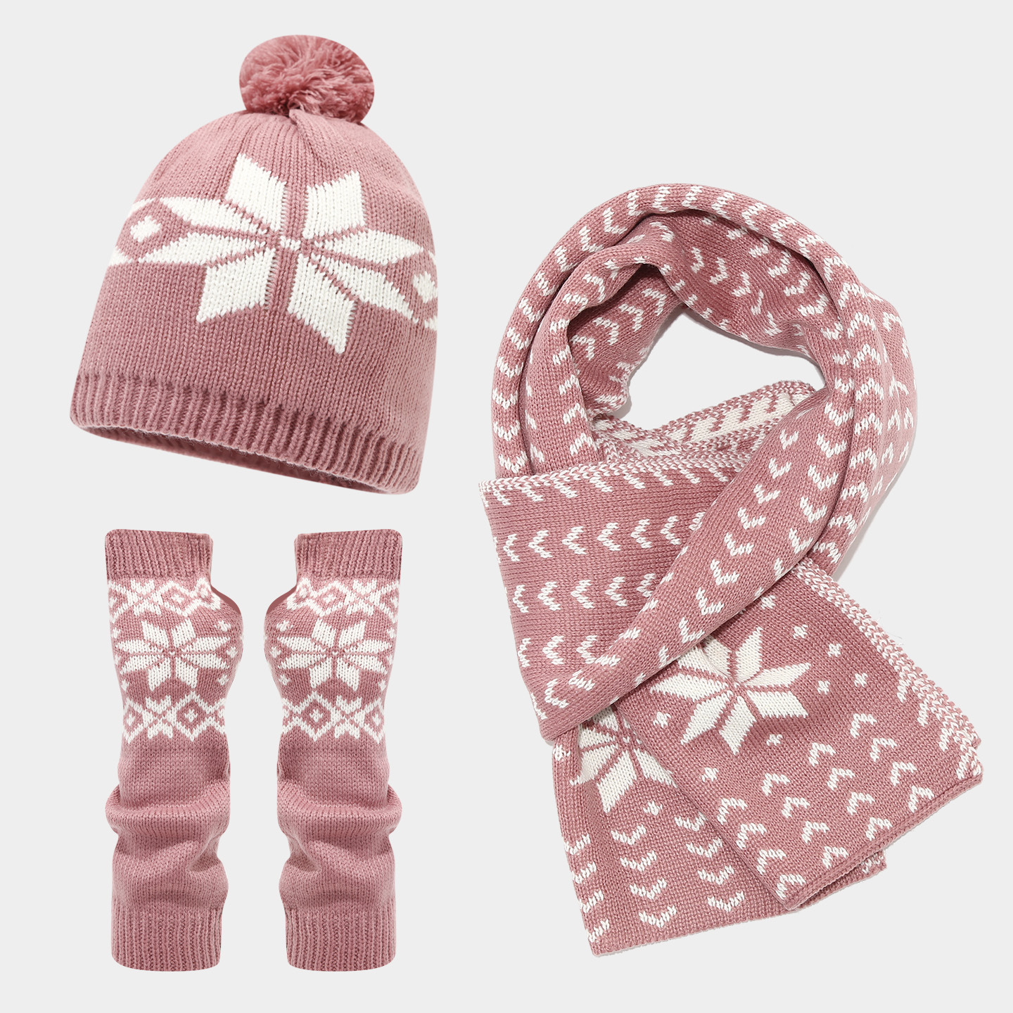 Warm hat and scarf set Three-Piece Set for Women and Men Winter Christmas Snowflake Pattern Knitted Hat Scarf Gloves Cold-Proof Trendy free shipping