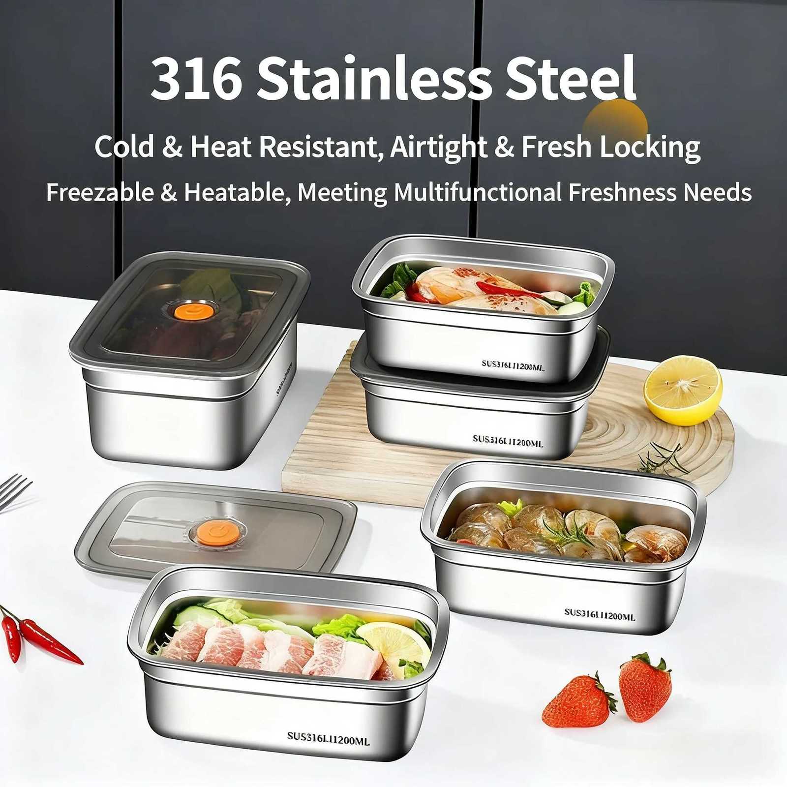 Stainless Steel Camping Lunch Box Sealed Leak-proof Bento Box Microwave Suitable Large Capacity Refrigerator Freezer Storage BoxM251121