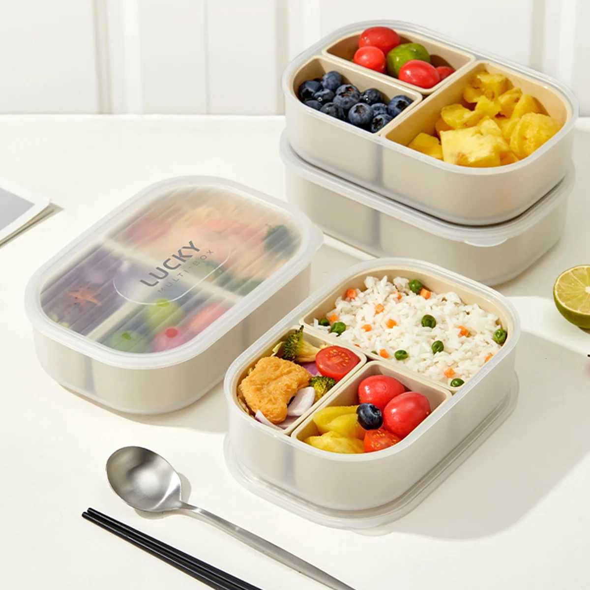 WORTHBUY 3 Grids Microwave Plastic Lunch Box Portable Detachable Fruit Bento Box Stackable Food Container For School OfficeM251121