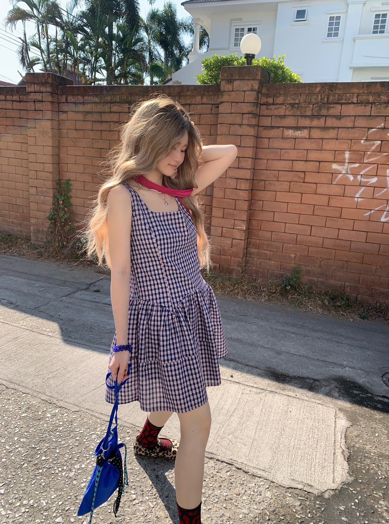 LL7165 High Quality Slightly Fat French Retro Vest Plaid Dress Summer Retro High Waist Lolita
