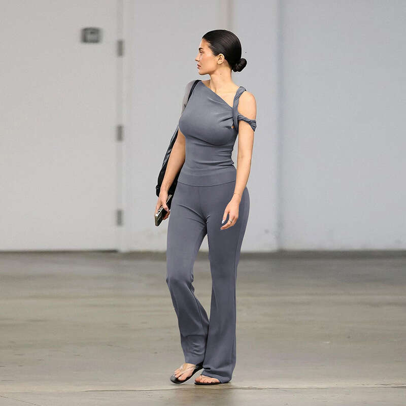 hoodie Women's Wear Summer New Women's Clothing Solid Color Casual Sexy Sloping Shoulder Comfortable Slim Fit Top Pants Set jacket