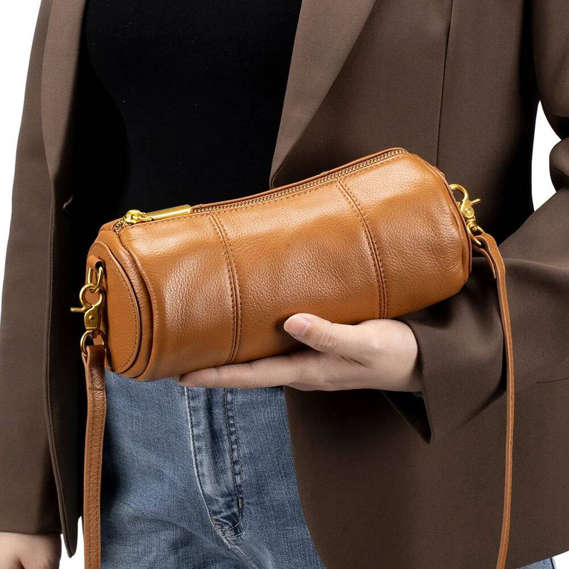 Women Genuine Leather Shoulder Cydrical Cowhide Crossbody Bag Large Capacity Lipstick Key Phone Pouch Case For Fem