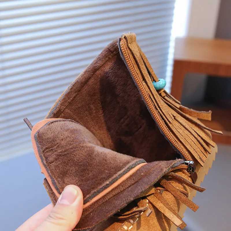 Tassel Children Fashion Boots Autumn Winter Solid Fleece Warm Vintage Girls Boots PU Leather Zip Soft Kids Mid Calf ShoesW251121