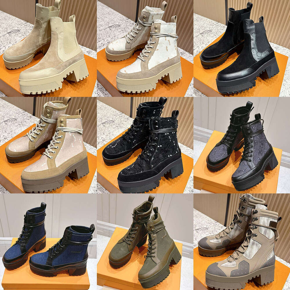 2025 Luxury Laureate Platform Desert Designer boots womens chunky heel ankle booties upper combines canvas rubberized calf leather Taupe Brown knight booties shoe