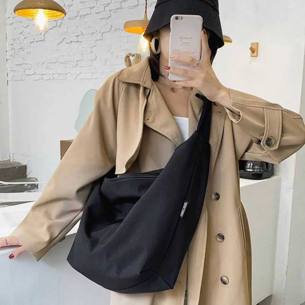 Women Casual Pure Color Big Tote Bags Large Capacity Waterproof Fabric Messenger Bag Nylon Canvas Shoulder Shopping BagT251121
