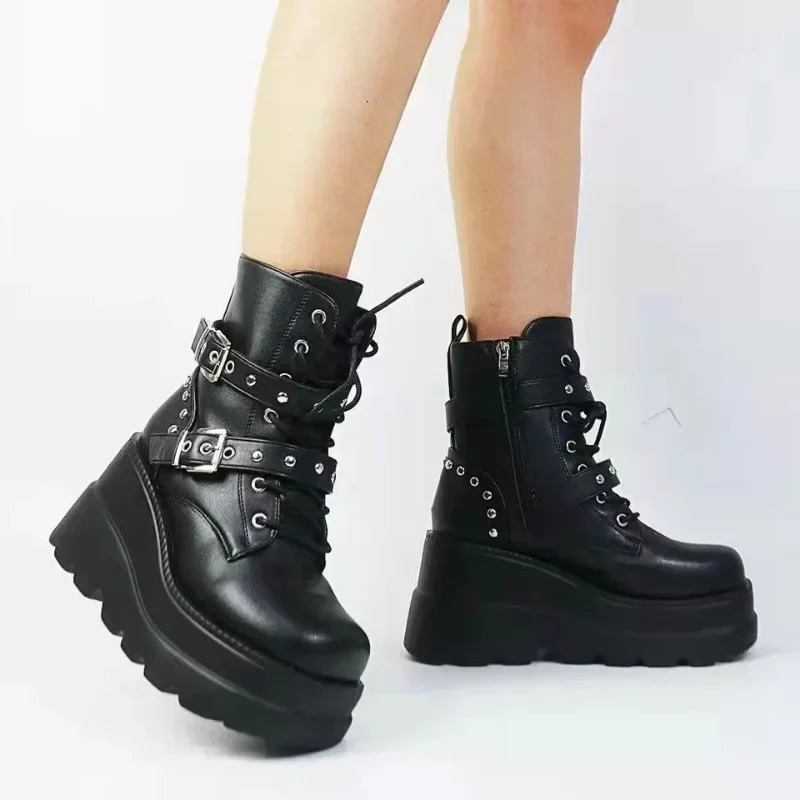 Women Pu Leather Ankle Booties Woman Autumn Winter Round Toe Lace Up Shoes Motorcycle Platform Gothic Boots Cosplay 251121