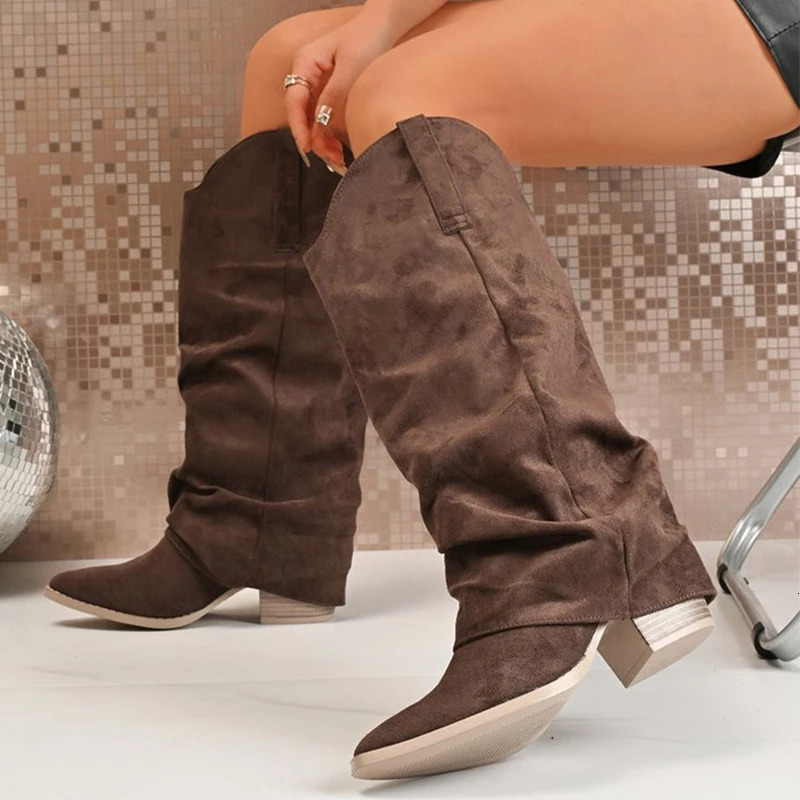 Thick Heel Suede Knee High Boots Women Elegant Pleated Pointed Toe Brown Long Woman Slip On Botas Ladies 251121