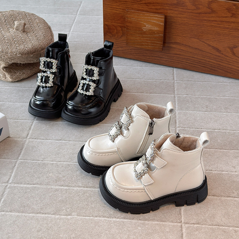 Winter luminous shoes, Rheinstone new styles, fashionable trendy shoes, short boots, thick soled wool lined leather boots, casual children's shoe