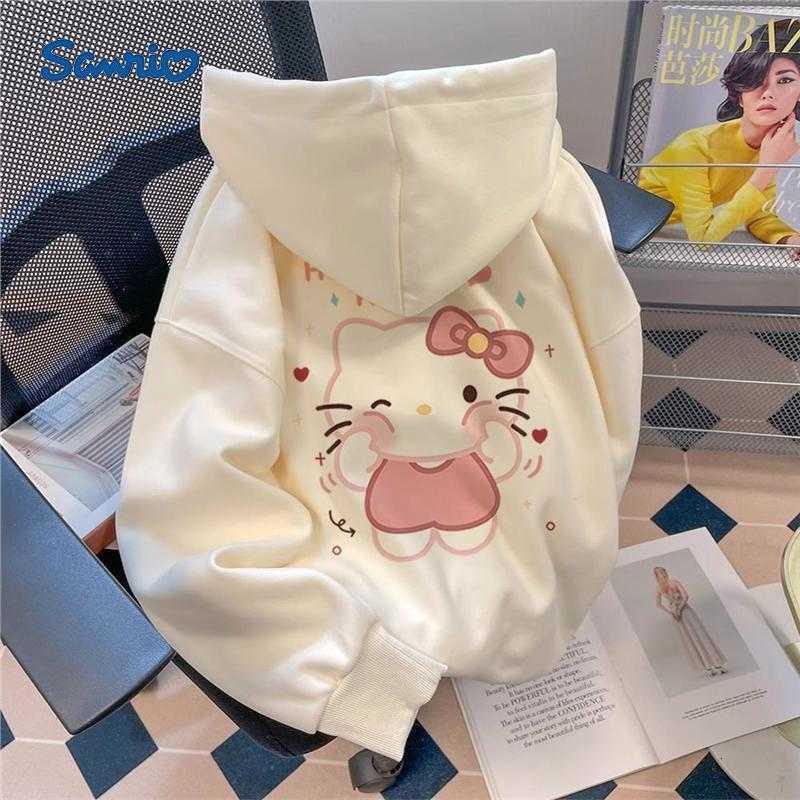 Sanrio Sweet Campus Style Hoodie for Women Thick Fleece Kitty Cat Print Loose Fit Versatile Spring Top H251121