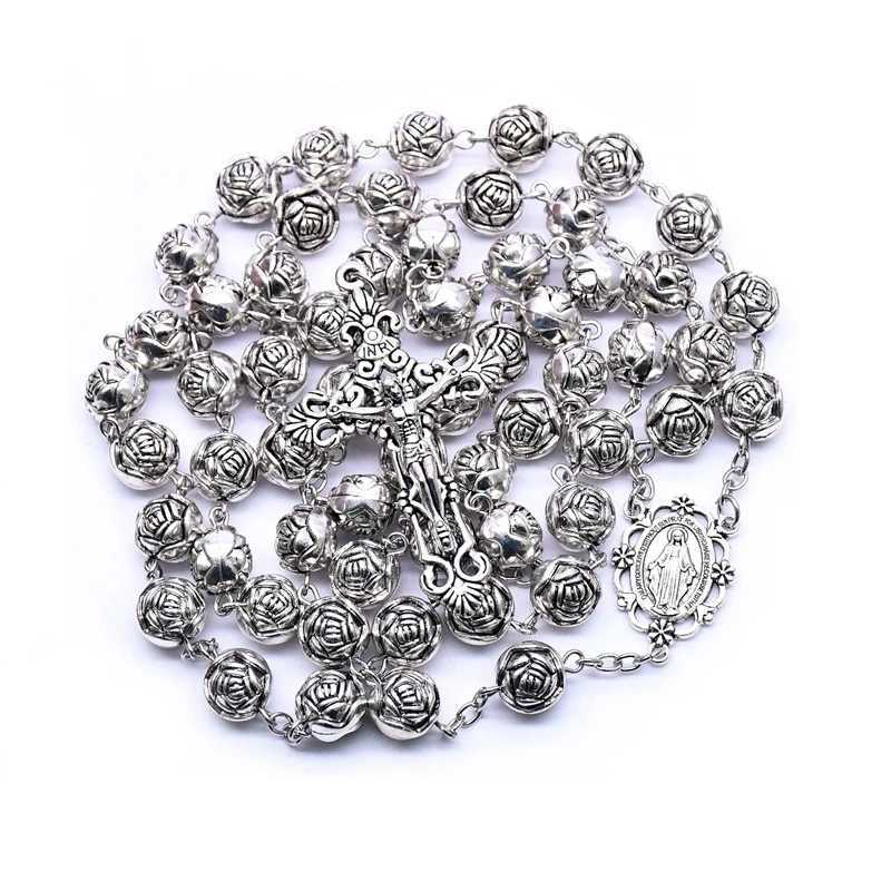 QIGO 10mm Vintage Cross Pendant Plastic Rose Rosary Necklace Catholic Prayer Jewelry GiftsXJ251121