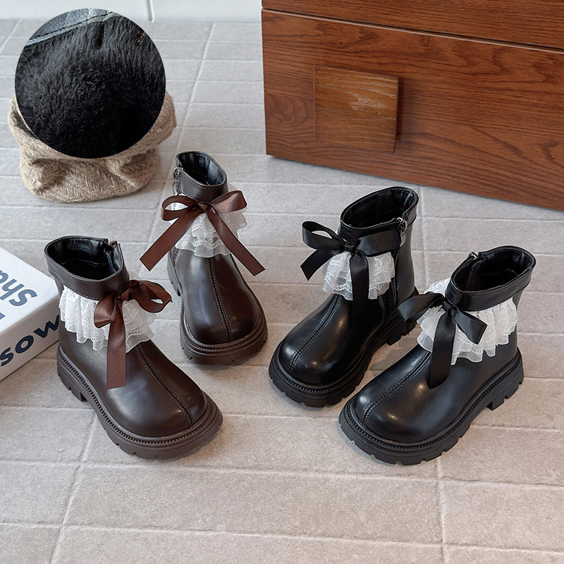 Winter luminous shoes, new lace hanging edge fashionable trendy shoes, butterfly bow wool short boots, casual children's shoes