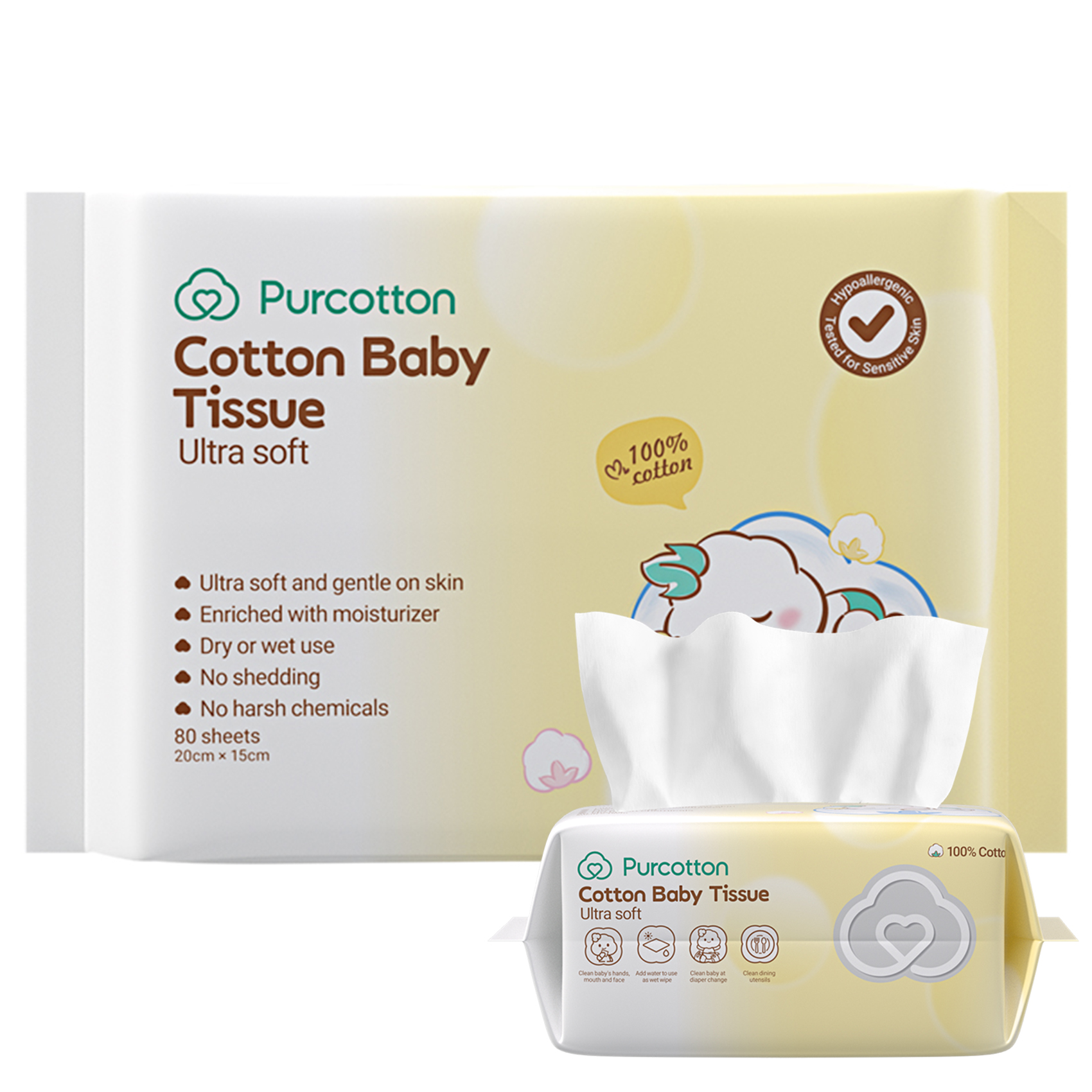 1 Pack,80 PurCotton 100% USA Cotton Facial Tissues, Ultra-Soft Baby Tissue Dry Wipes | Ultra Soft Face Towels | Wet And Dry Use