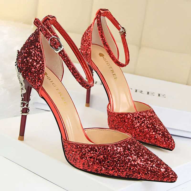 BIGTREE Heel 2025 New Womens Pump glitter High Heels Womens Shoes Fashion Womens Shoes Gold Silver Stiletto Sandals M250421