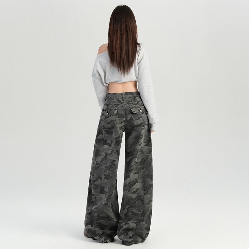 2025 Autumn/Winter new camouflage versatile high-waisted wide-leg straight-leg fleece casual jeans---DK8020