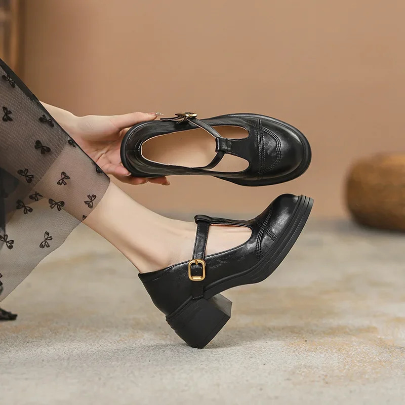 Black Mary Janes Womens Shoes Thick Heel Retro British Style Internal Heightening Single High 251121