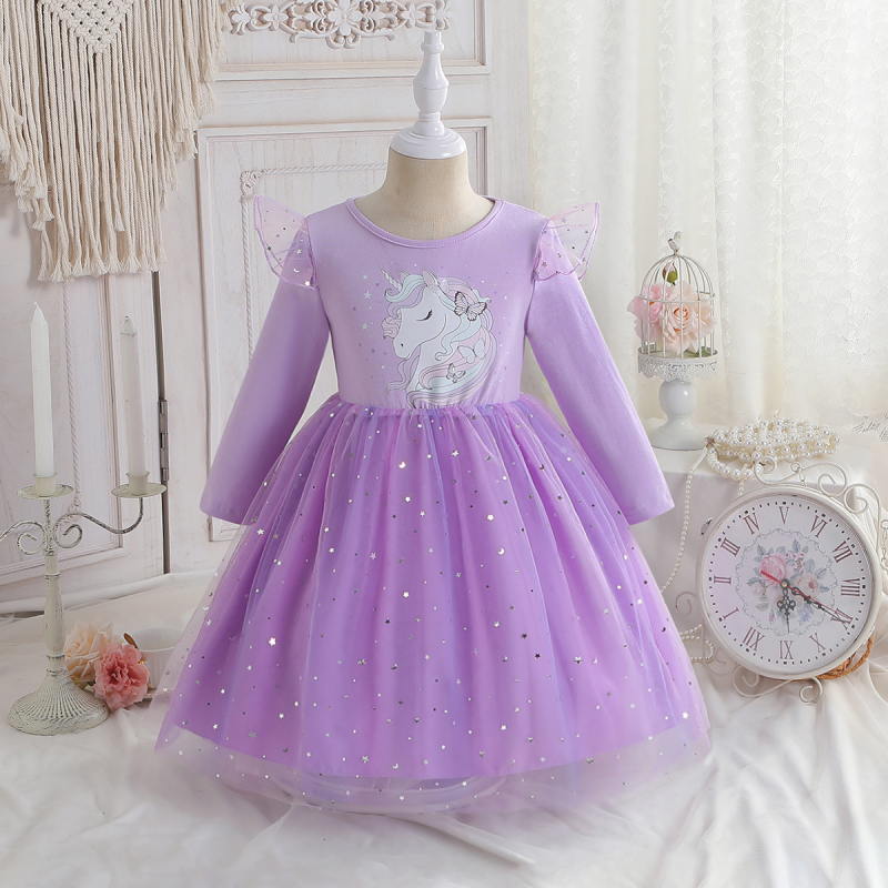 DISNEY Kids designer clothes baby girls dress unicorn birthday outfit children's rainbow dress sequin mesh princess dress.