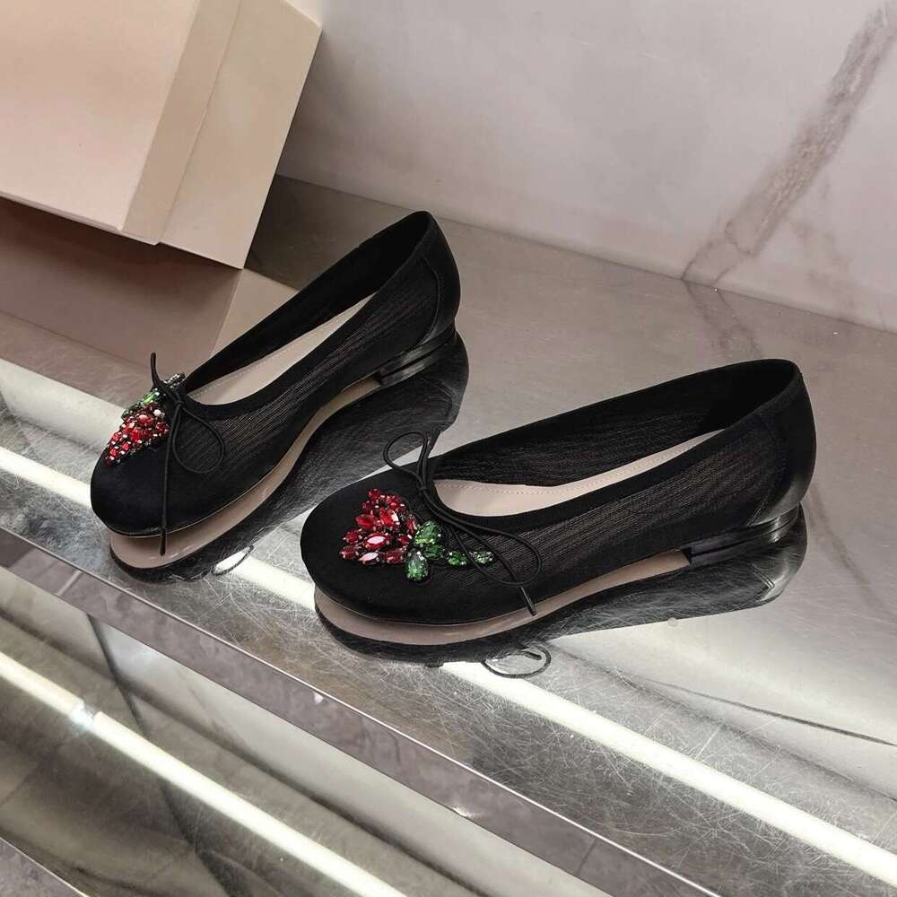 Spring And Summer 2025 New Bow Tie Decal Mesh Water Drill Flat Single-Layer Slip-Ons Shallow Crystal Retro Ballet Shoes
