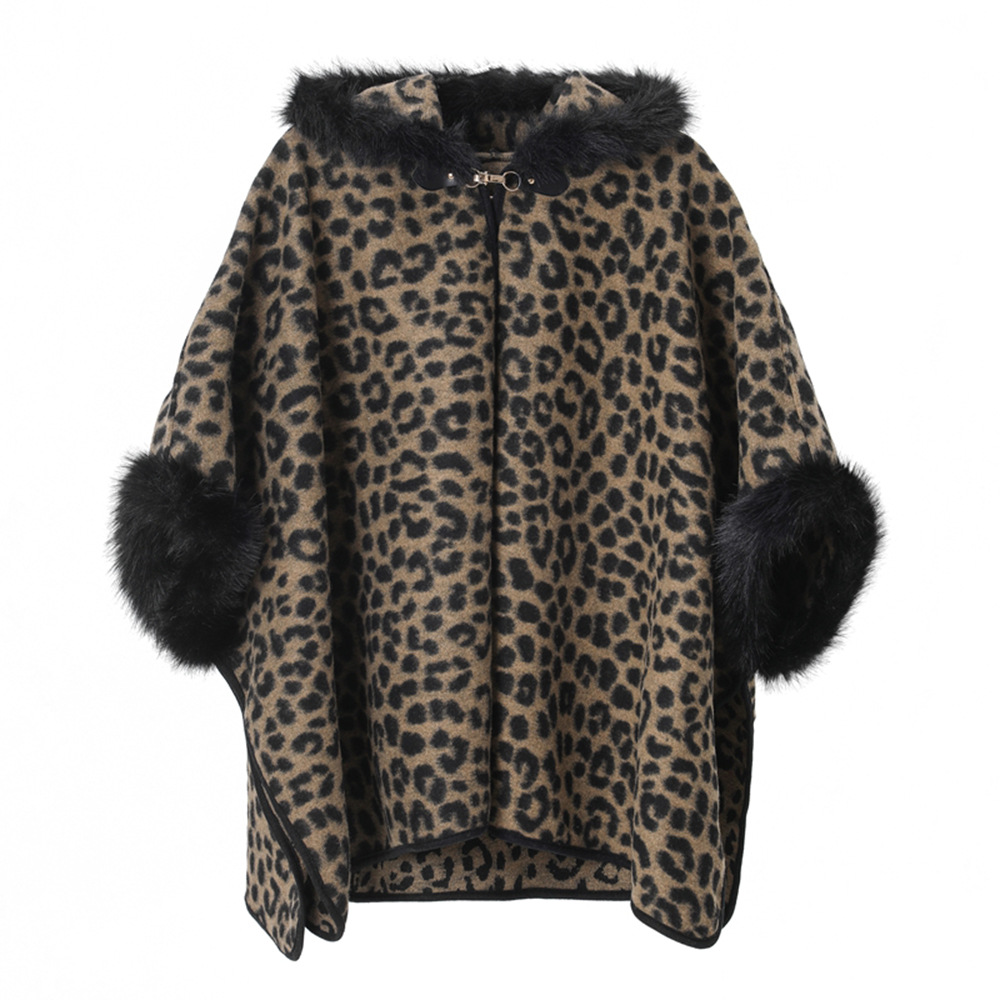 OC278M25 Women Leopard Print Cape Coat Hooded Faux Fur Trim Winter Warm Cardigan Street Fashion Outerwear Autumn Winter
